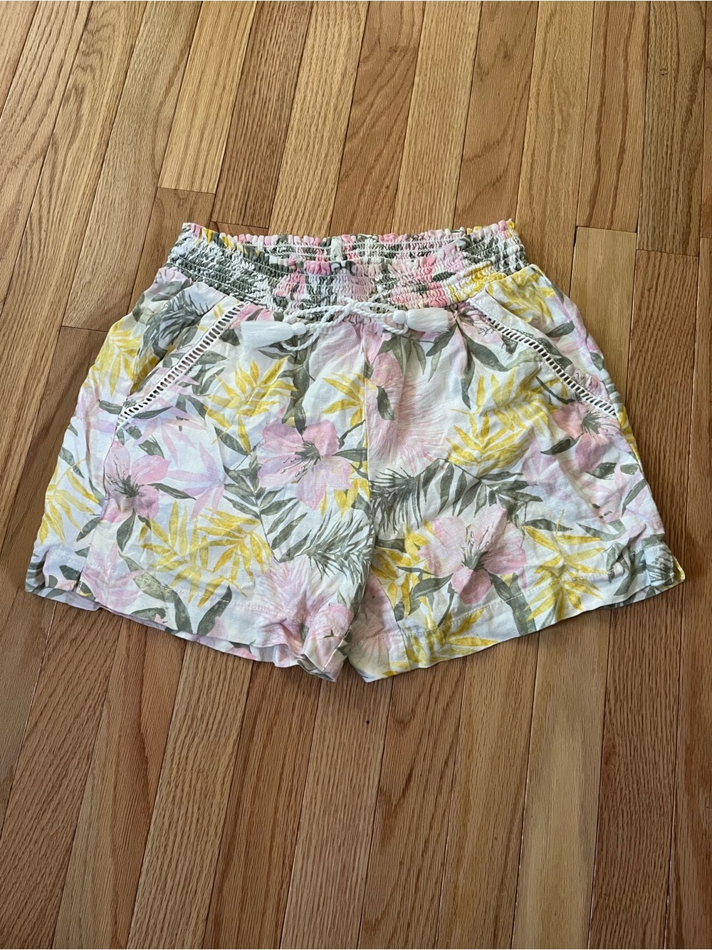 Pink Yellow Tropical Print Linen Blend Shorts Small Elastic Waist Beach Resort